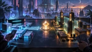 Wide cyberpunk tabletop scene with two opposing play areas: blue cards, tokens, and a glowing data path on the left, and tall dark server-tower pieces protected by translucent green barriers on the right, with a luminous geometric objective between them and a futuristic city beyond the window.