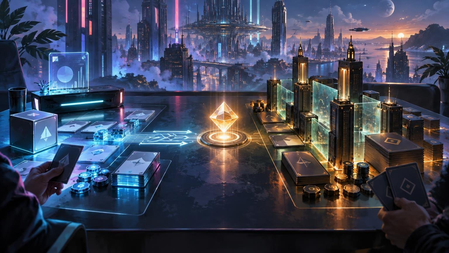 Wide cyberpunk tabletop scene with two opposing play areas: blue cards, tokens, and a glowing data path on the left, and tall dark server-tower pieces protected by translucent green barriers on the right, with a luminous geometric objective between them and a futuristic city beyond the window.