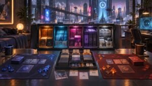Wide cyberpunk tabletop scene with an open illuminated storage case holding organized stacks of cards, deck boxes, binders, and tokens between blue and red opposing play areas, against a futuristic city skyline.
