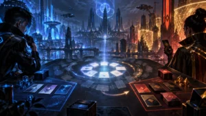 Wide cyberpunk illustration of two players facing each other across a glowing futuristic tabletop covered with abstract cards, decks, and geometric tokens, with a blue cityscape on one side and an orange cityscape on the other.