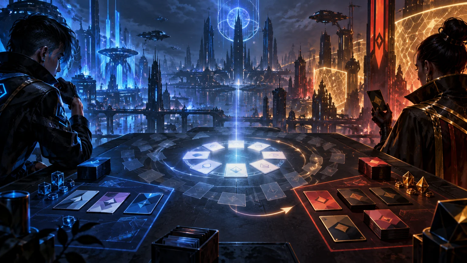 Wide cyberpunk illustration of two players facing each other across a glowing futuristic tabletop covered with abstract cards, decks, and geometric tokens, with a blue cityscape on one side and an orange cityscape on the other.