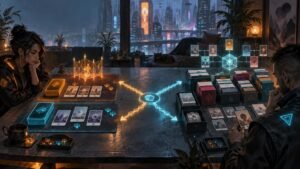 Two people play a futuristic tabletop card game with glowing blue and orange pieces, deck boxes, tokens, and holographic network diagrams, framed by a rainy neon city skyline.