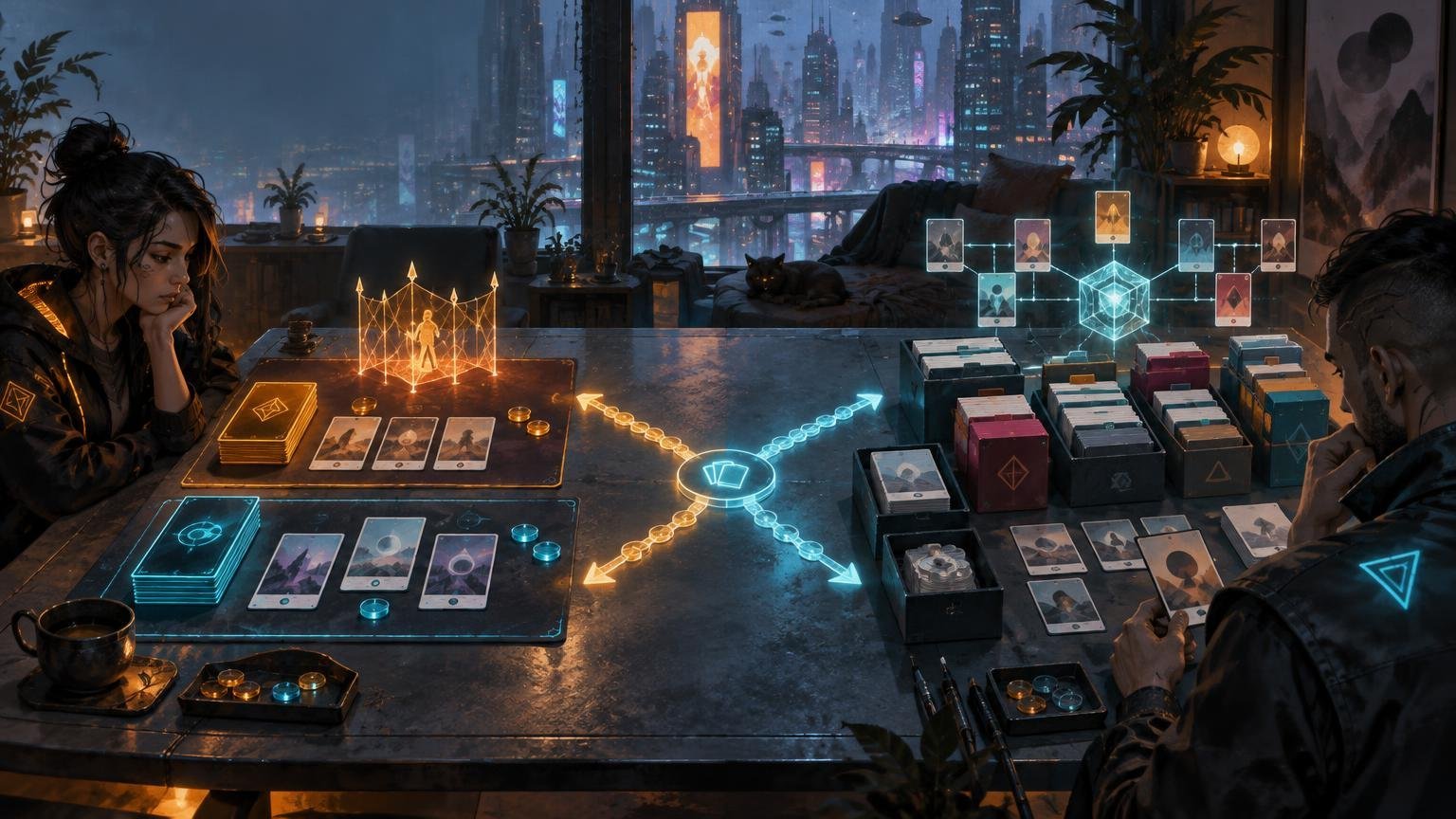 Two people play a futuristic tabletop card game with glowing blue and orange pieces, deck boxes, tokens, and holographic network diagrams, framed by a rainy neon city skyline.
