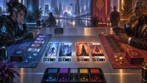 Cyberpunk tabletop card game scene with two players at opposing blue and red play areas, illustrated cards, decks, colored tokens, and a neon city skyline beyond the table.