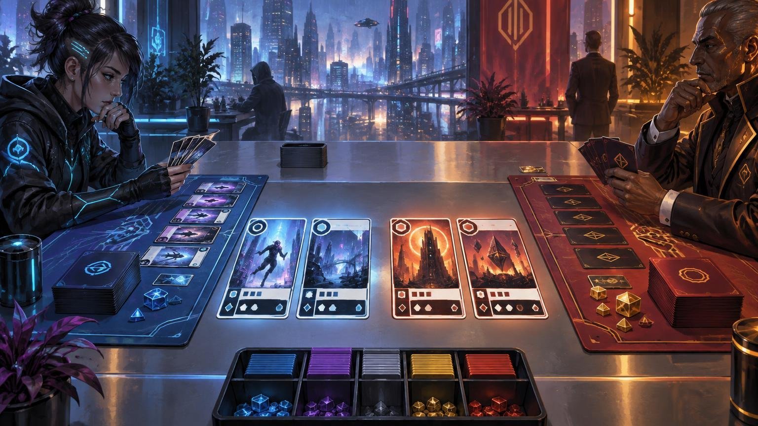 Cyberpunk tabletop card game scene with two players at opposing blue and red play areas, illustrated cards, decks, colored tokens, and a neon city skyline beyond the table.