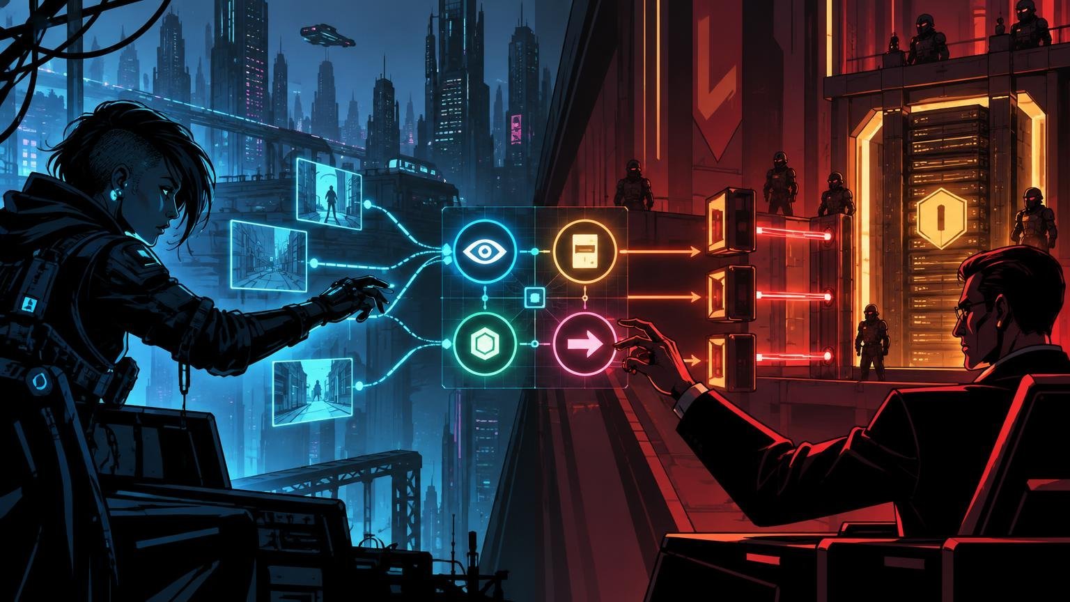 Graphic-novel cyberpunk scene split between a blue-lit hacker on the left and a red-lit corporate figure facing a guarded server room on the right, with a glowing central flowchart of connected action icons.
