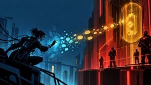 Graphic-novel cyberpunk scene of a blue-lit hacker on the left projecting glowing data fragments toward a red-orange corporate tower guarded by armed security figures, with a large illuminated credit-like symbol on the building.