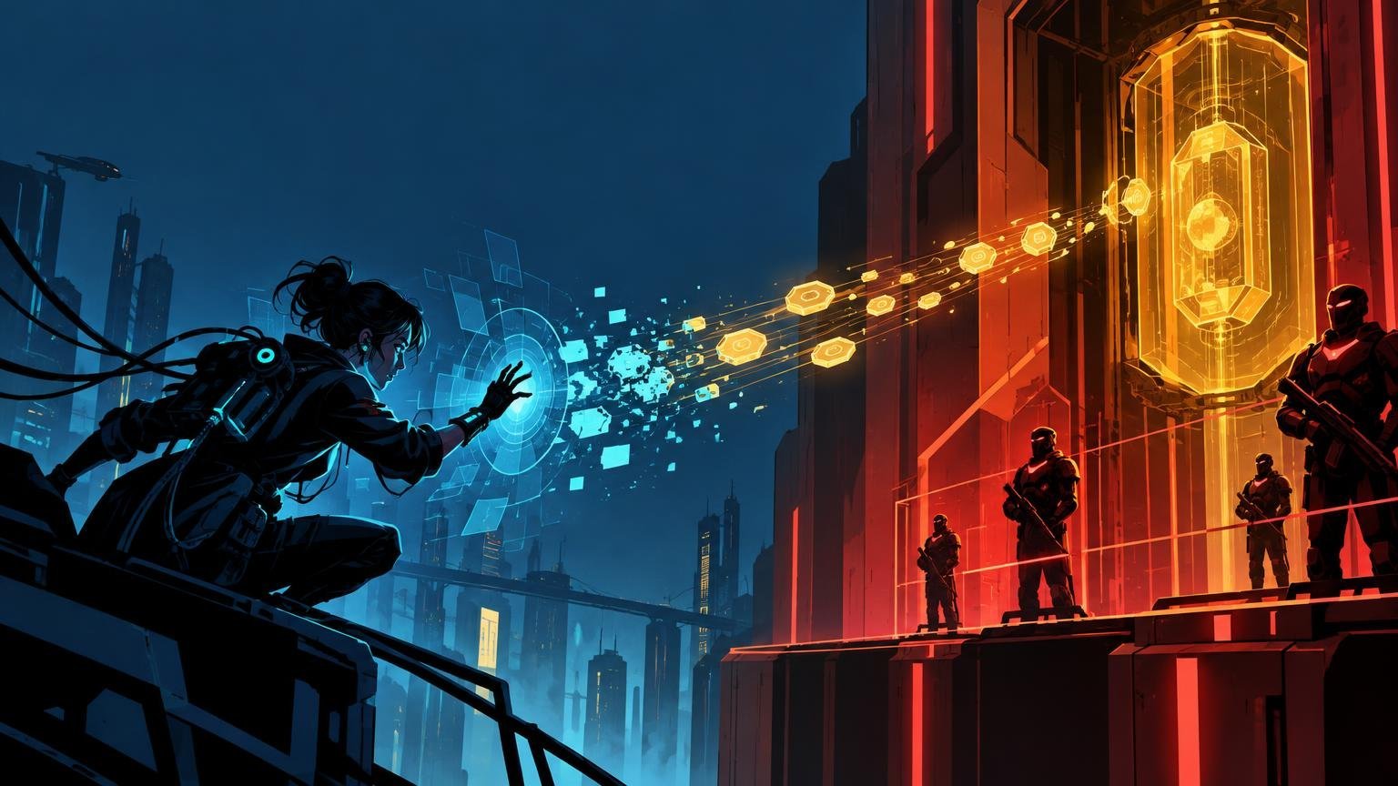 Graphic-novel cyberpunk scene of a blue-lit hacker on the left projecting glowing data fragments toward a red-orange corporate tower guarded by armed security figures, with a large illuminated credit-like symbol on the building.