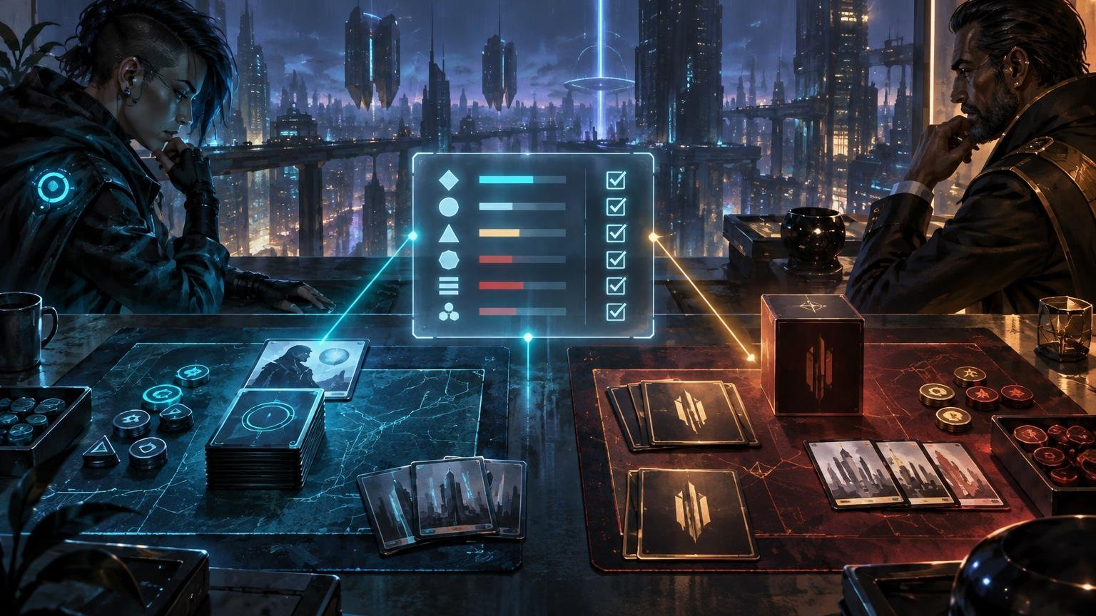 Cyberpunk tabletop scene with two players facing each other across blue and red play areas, card stacks, tokens, deck boxes, and a glowing checklist interface against a futuristic city skyline.