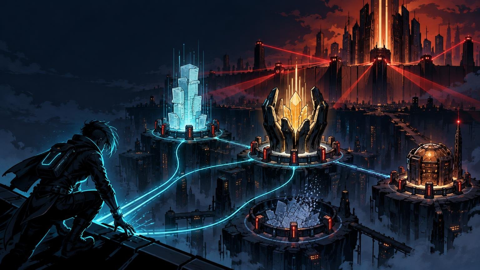 Comic-style cyberpunk cityscape with a blue-lit runner approaching four connected, guarded server sites: a glowing data tower, a golden central vault, a dome-like facility, and a circular archive filled with papers.