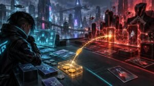 Cyberpunk tabletop scene with a blue-lit player opposite a red-lit masked figure, card-like pieces, stacks, tokens, and a glowing coin arcing across the board against a futuristic city skyline.
