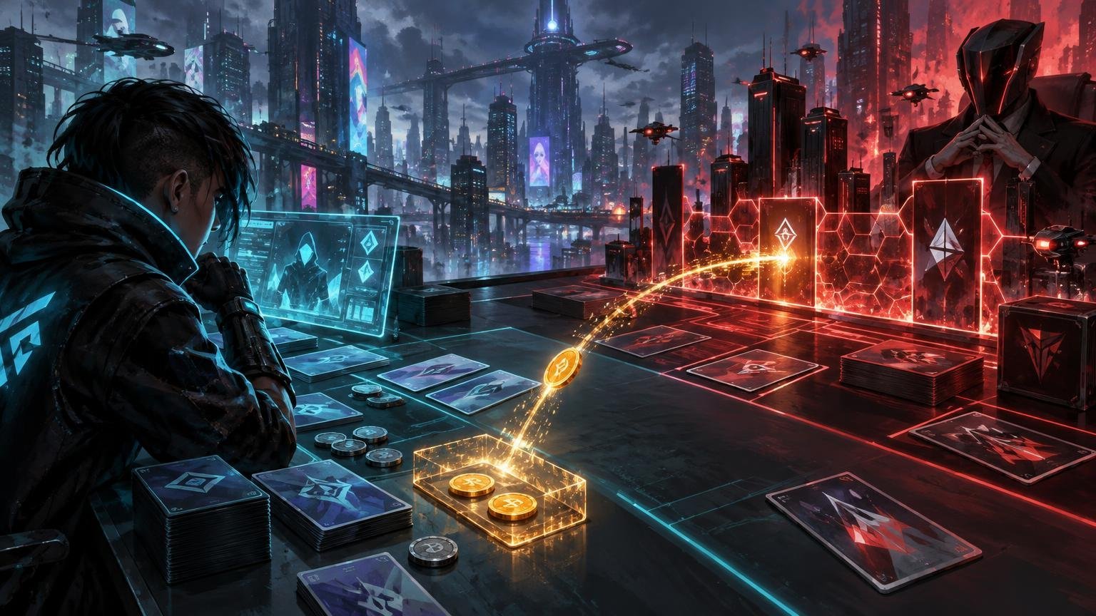 Cyberpunk tabletop scene with a blue-lit player opposite a red-lit masked figure, card-like pieces, stacks, tokens, and a glowing coin arcing across the board against a futuristic city skyline.