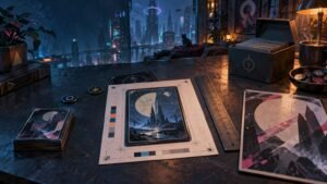Cyberpunk tabletop scene with illustrated card-like game pieces, a print alignment sheet, ruler, tokens, and deck boxes before a neon city window.
