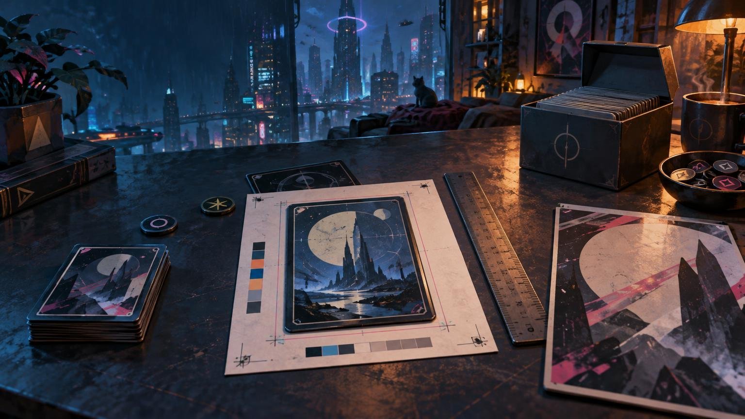 Cyberpunk tabletop scene with illustrated card-like game pieces, a print alignment sheet, ruler, tokens, and deck boxes before a neon city window.