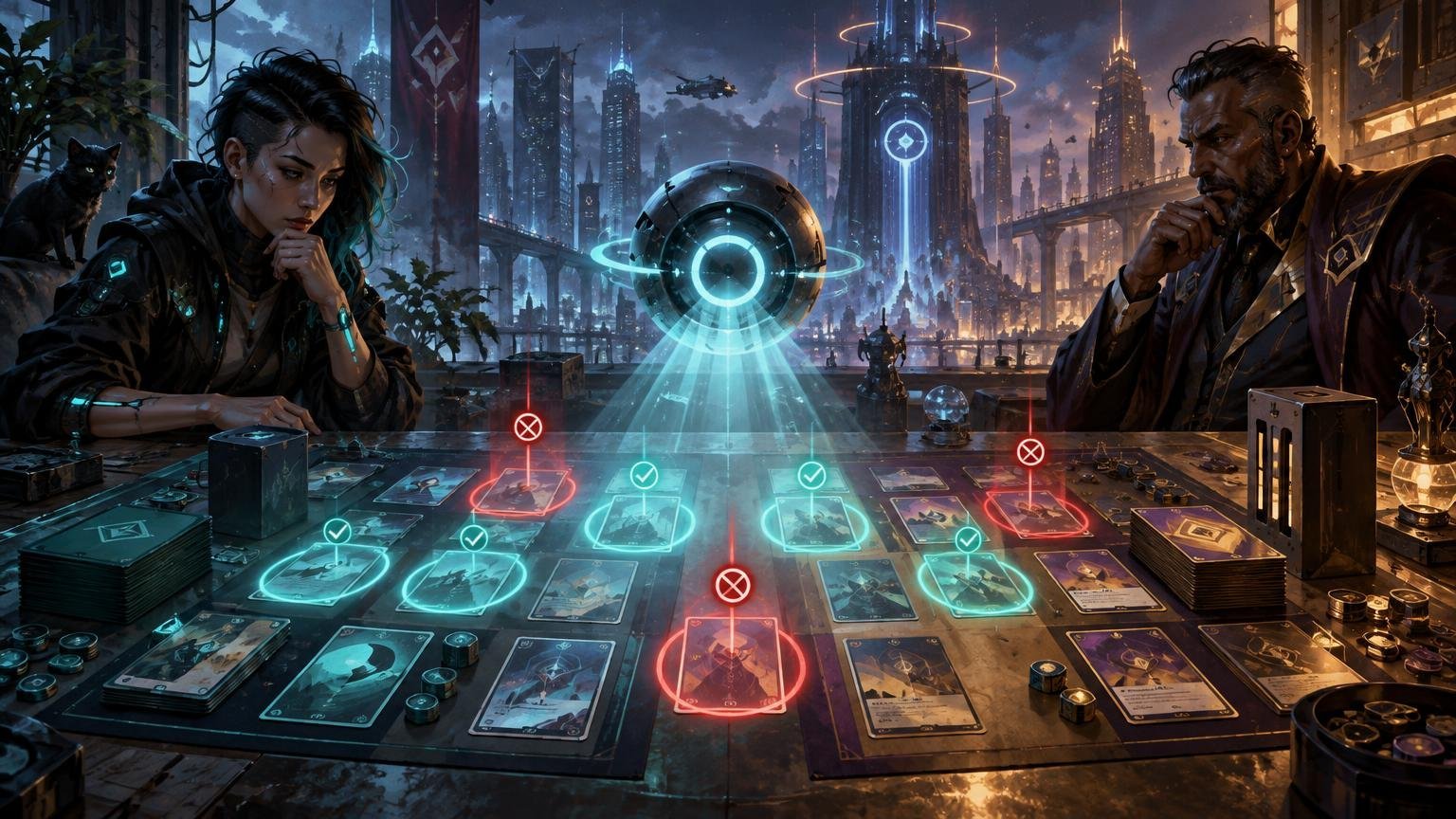 Cinematic cyberpunk tabletop scene with two opposing players, blue and red play areas covered in cards and tokens, and a glowing holographic sphere projecting checkmarks and crossed-out symbols above selected cards against a futuristic city skyline.