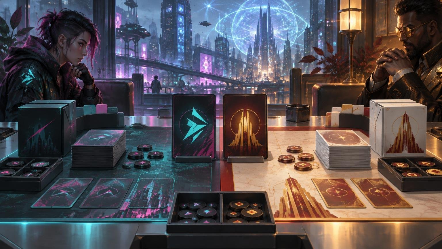 Cinematic cyberpunk tabletop scene with two players facing each other across contrasting teal and gold play areas, organized decks, card boxes, tokens, and upright abstract role cards, with a glowing futuristic city beyond the window.